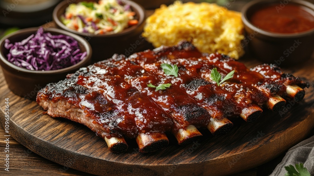Succulent Barbecue Ribs with Rich Glaze Accompanied by Colorful Sides of Coleslaw, Savory Cornbread, and Red Cabbage on a Rustic Wooden Board Succulent Barbecue Ribs with Rich Glaze Accompanied by Colorful Sides of Coleslaw, Savory Cornbread, and Red Cabbage on a Rustic Wooden Board