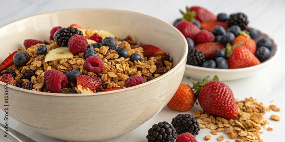 Wide-angle shot of a large bowl filled with a mixture of crunchy granola and colorful berries, yogurt, berries Wide-angle shot of a large bowl filled with a mixture of crunchy granola and colorful berries, yogurt, berries