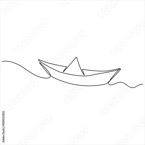 Continuous single line art drawing of paper boat sailing on the water river origami toy design vector illustration