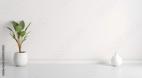 White vase and potted plant on white floor.