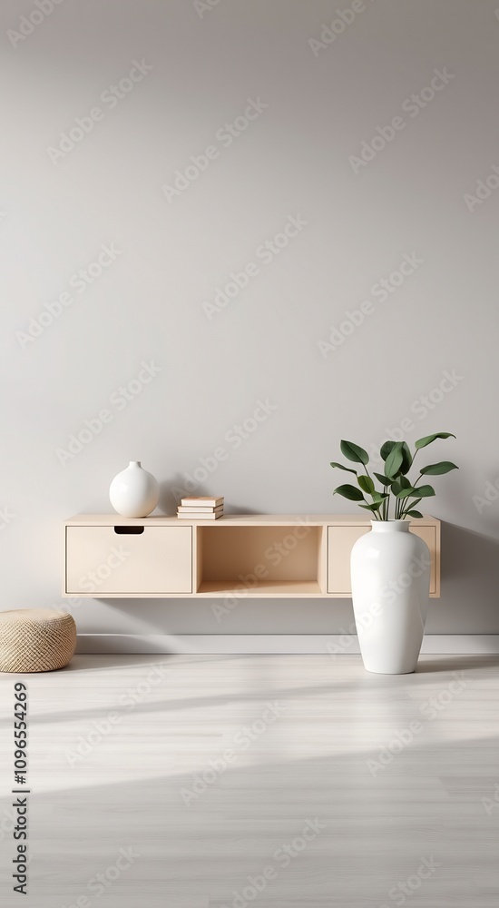 Minimalist living room interior with a wooden shelf and a plant. Minimalist living room interior with a wooden shelf and a plant.