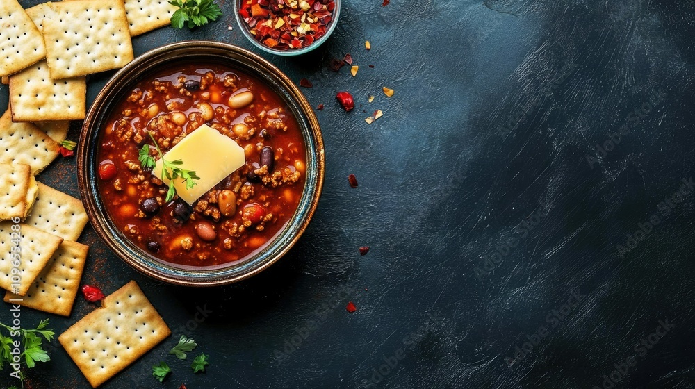 Top view of a bowl of chili with cheese and crackers. Copy space available. Top view of a bowl of chili with cheese and crackers. Copy space available.