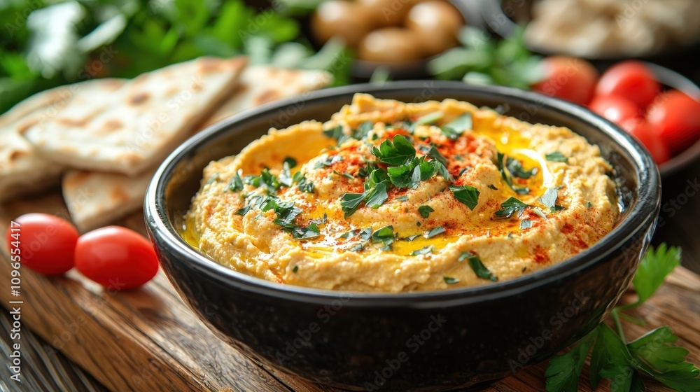 Delicious Hummus Bowl with Pita Bread and Parsley Garnish Delicious Hummus Bowl with Pita Bread and Parsley Garnish