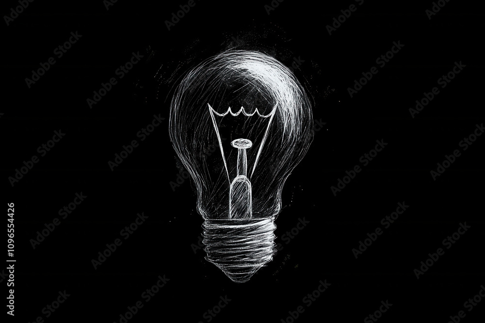 A light bulb drawn in white chalk on a black background, symbolizing ideas and creativity. A light bulb drawn in white chalk on a black background, symbolizing ideas and creativity.