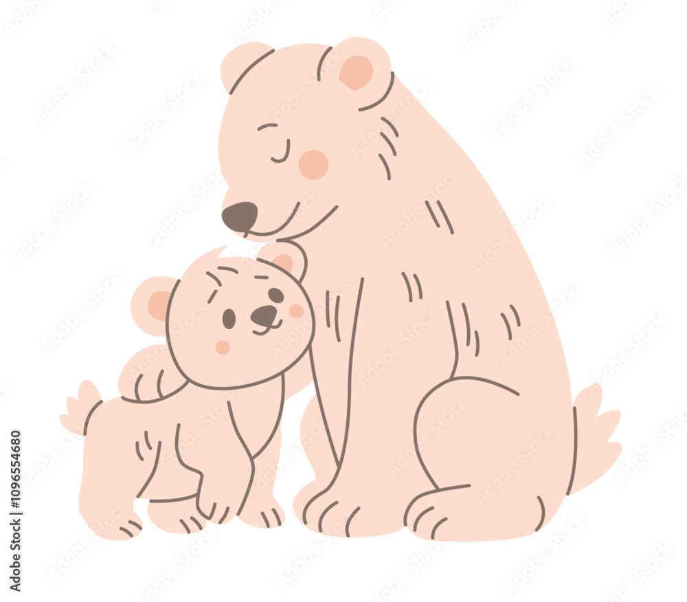 Fototapeta premium Cute illustration of a polar bear mother with her cub in flat style. Perfect for children's books, nursery decor, or educational materials about animals and wildlife.