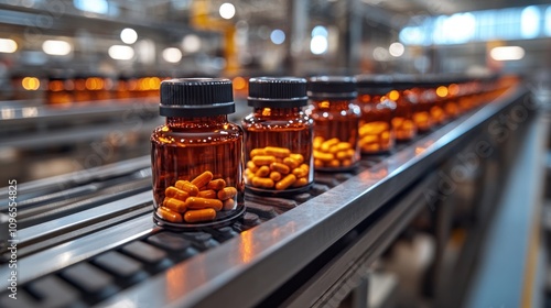 Pharmaceutical Production Line: Amber Bottles of Capsules Moving on a Conveyor Belt