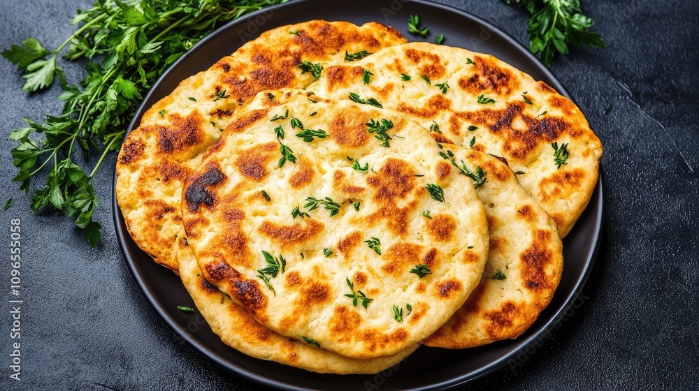Flaky cheese and thyme scones are artfully arranged on a black plate, with vibrant herbs enhancing the dish's visual charm Flaky cheese and thyme scones are artfully arranged on a black plate, with vibrant herbs enhancing the dish's visual charm