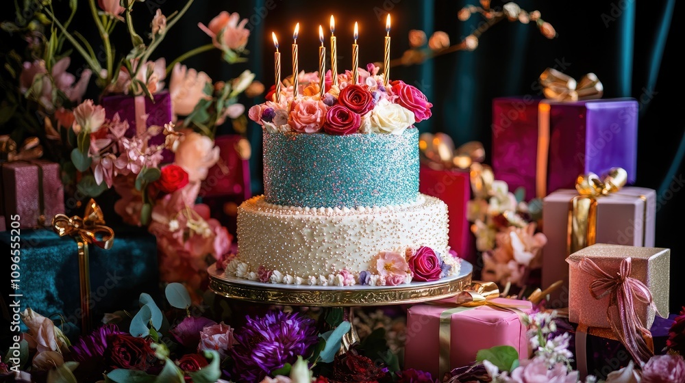 Glimmering birthday cake with sequined edible decor, sparkling candles, surrounded by jewel-toned gift boxes, luxurious velvet backdrop Glimmering birthday cake with sequined edible decor, sparkling candles, surrounded by jewel-toned gift boxes, luxurious velvet backdrop