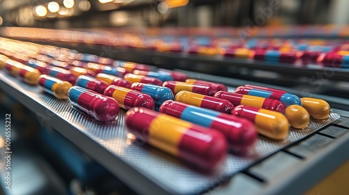 Pharmaceutical Production Line: Capsules on Conveyor Belt