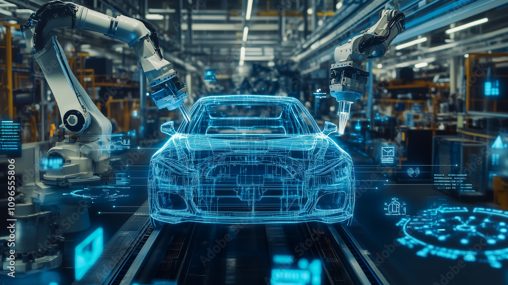Fototapeta premium An industrial factory with robotic arms working on cars, surrounded by digital data and icons representing smart manufacturing processes in the style of futuristic tech, with a blue color scheme.