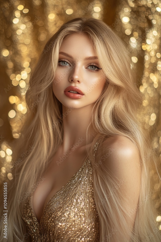 Blonde woman in gold dress Blonde woman in gold dress