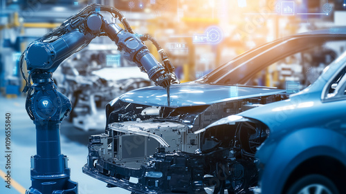 An industrial factory with robotic arms working on cars, surrounded by digital data and icons representing smart manufacturing processes in the style of futuristic tech, with a blue color scheme.