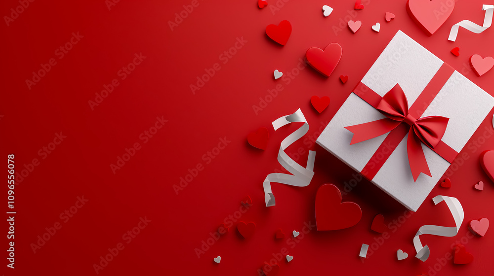 A Valentine's Day banner in paper art style, featuring a handmade gift box, paper cut ribbon, bow, and an array of hearts on a red background, with space for text. A Valentine's Day banner in paper art style, featuring a handmade gift box, paper cut ribbon, bow, and an array of hearts on a red background, with space for text.