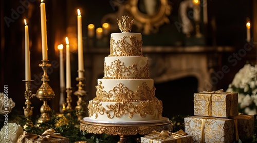 Lavish baroque-style cake with gold filigree details, ornate candles, gift boxes wrapped in brocade fabric, regal antique backdrop photo