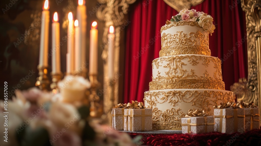 Lavish baroque-style cake with gold filigree details, ornate candles, gift boxes wrapped in brocade fabric, regal antique backdrop Lavish baroque-style cake with gold filigree details, ornate candles, gift boxes wrapped in brocade fabric, regal antique backdrop