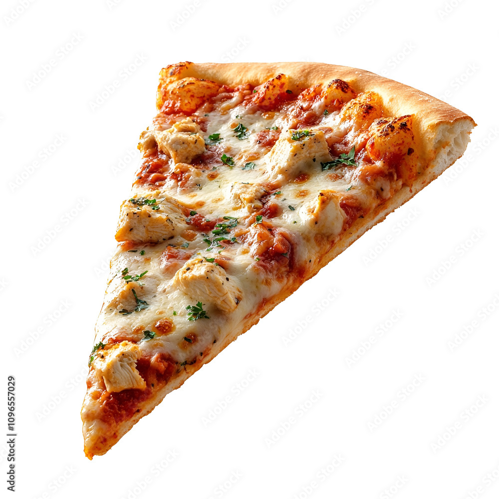 Front view of a hyperrealistic slice of chicken parmesan pizza levitating in mid-air, isolated on a white transparent background Front view of a hyperrealistic slice of chicken parmesan pizza levitating in mid-air, isolated on a white transparent background