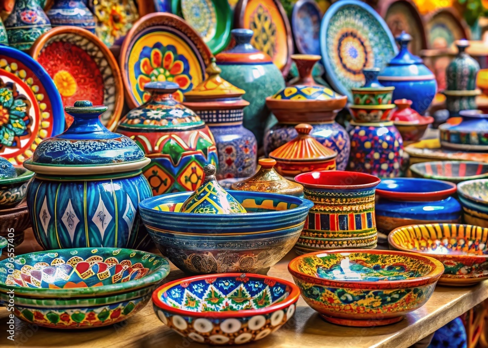 Captivating Craftsmanship of Handmade Ceramics on Display at a Vibrant Market, Showcasing Artisanship and Unique Designs in a Colorful Setting Captivating Craftsmanship of Handmade Ceramics on Display at a Vibrant Market, Showcasing Artisanship and Unique Designs in a Colorful Setting