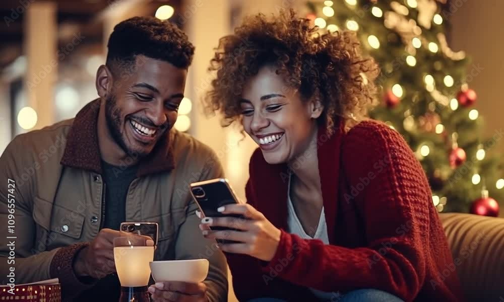 Man and woman laughing watching their smartphone against Christmas tree night decoration lights Man and woman laughing watching their smartphone against Christmas tree night decoration lights