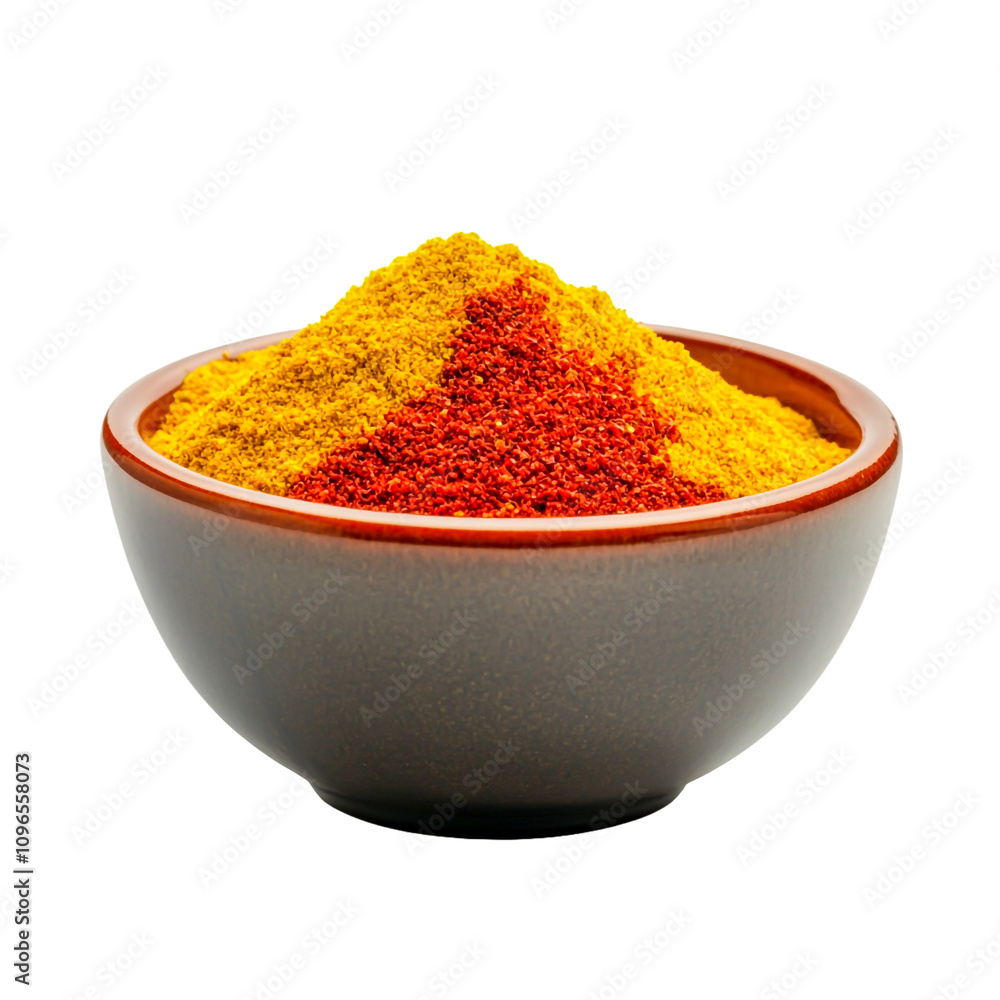 A bowl of red and yellow spice blend Isolated on transparent background. A bowl of red and yellow spice blend Isolated on transparent background.
