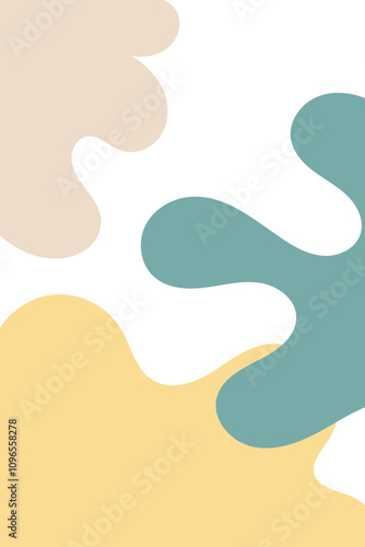 A minimalist abstract design featuring organic, flowing shapes in soft pastel colors, including muted green, pink, and beige. The shapes have a fluid, smooth texture, creating a calming and modern loo