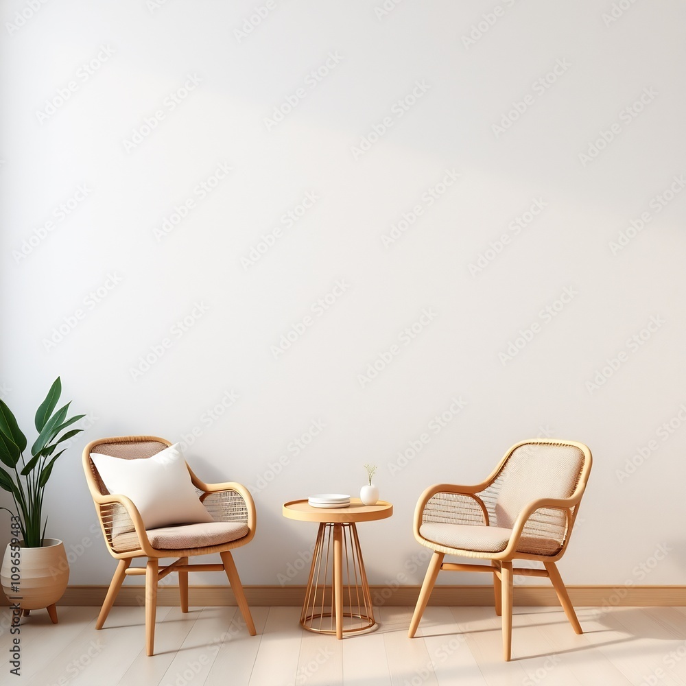 Two wicker chairs and a side table in a minimalist living room. Two wicker chairs and a side table in a minimalist living room.