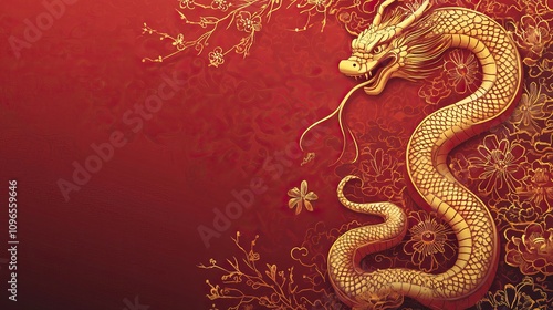 Red and gold themed Chinese New Year design with a decorative snake, symbolizing prosperity and luck. AI generated image