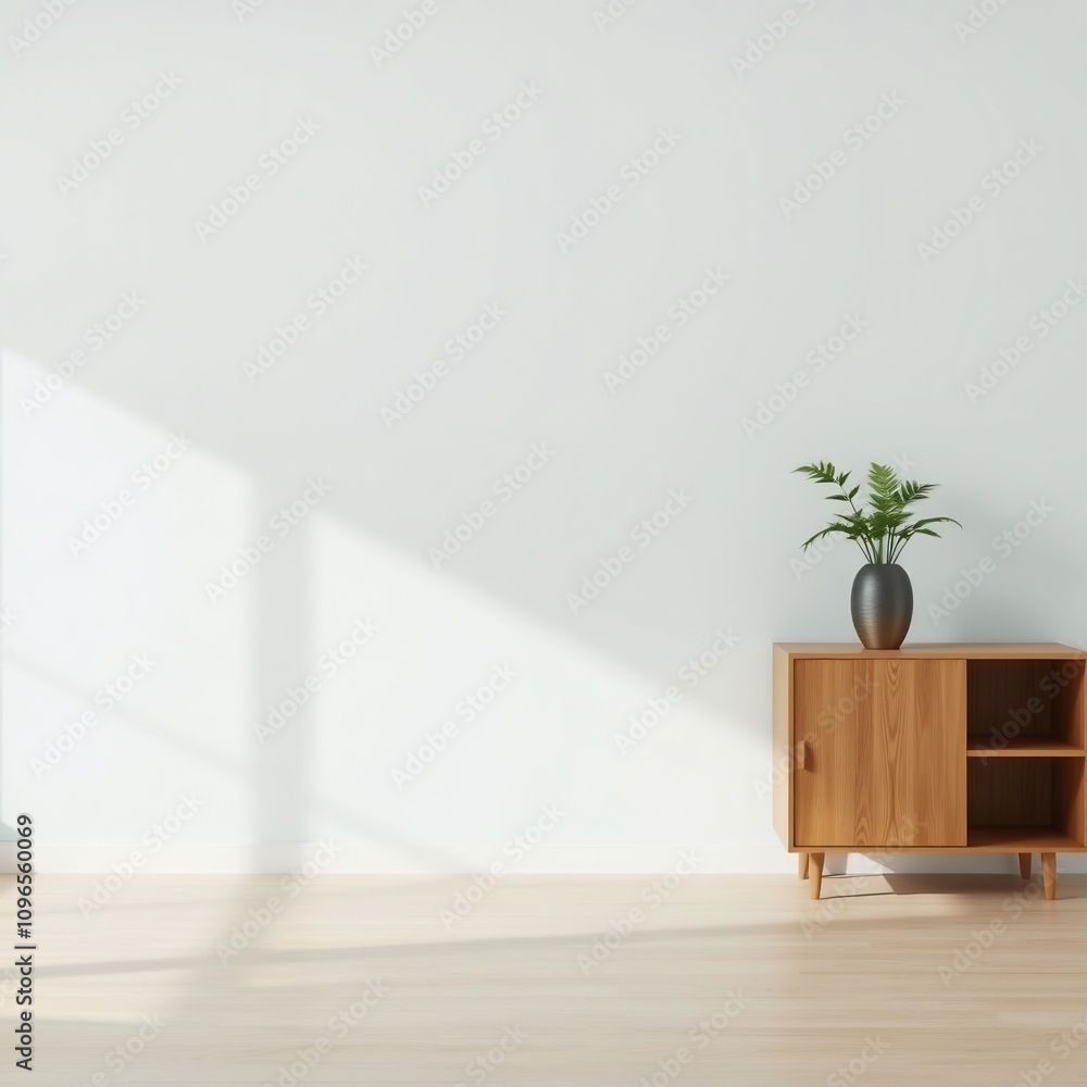 Minimalist interior with wooden cabinet and plant. Minimalist interior with wooden cabinet and plant.