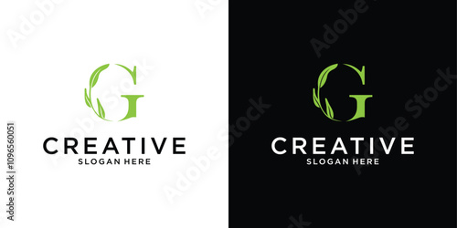 Initial letter G with leaf luxury logo, Green leaf logo template vector design.