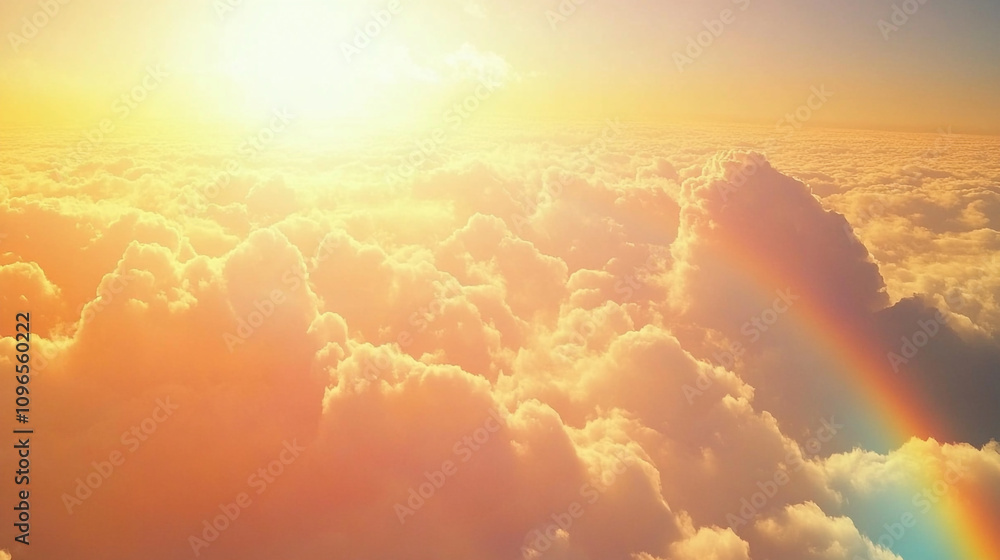 Sunrise over fluffy clouds with a vibrant rainbow in the sky Sunrise over fluffy clouds with a vibrant rainbow in the sky