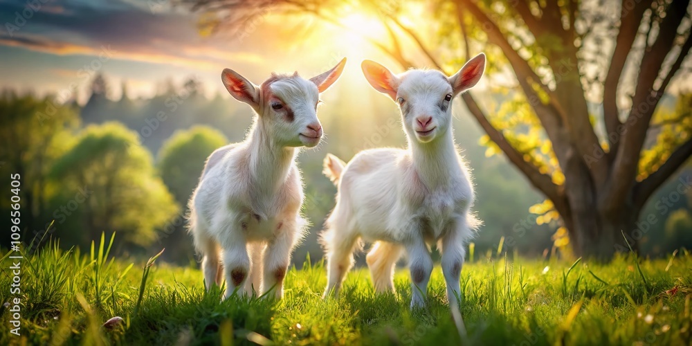Captivating Double Exposure Photography of Two Playful Baby Goats on a Serene Farm Background, Evoking a Sense of Charm and Nature's Beauty in Rural Life Captivating Double Exposure Photography of Two Playful Baby Goats on a Serene Farm Background, Evoking a Sense of Charm and Nature's Beauty in Rural Life