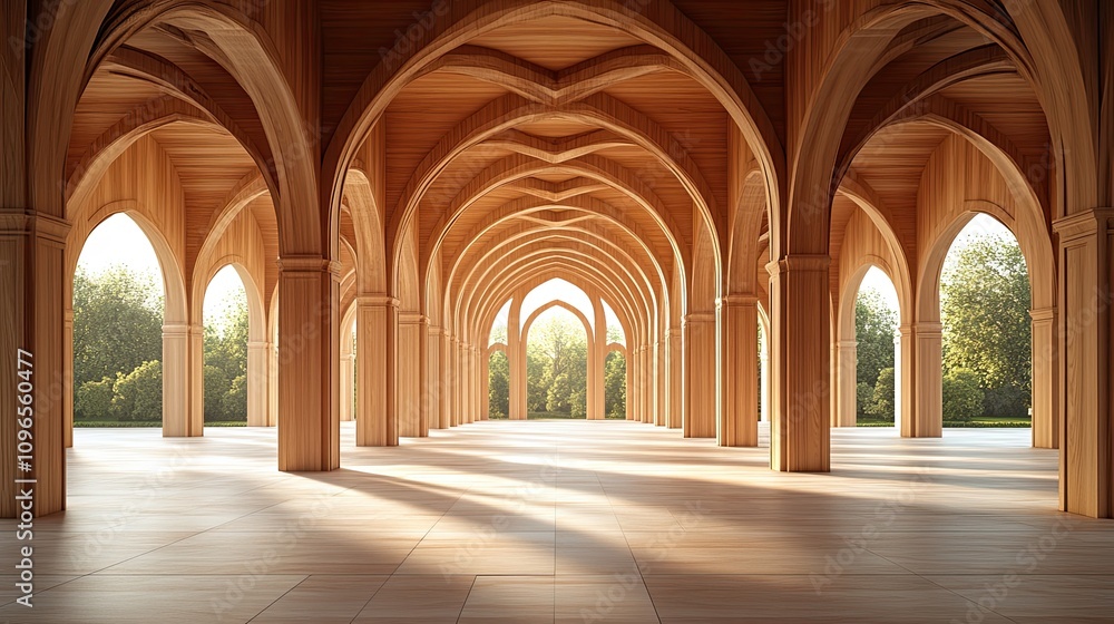 Fototapeta premium Natural light enhances the wooden mosque interior