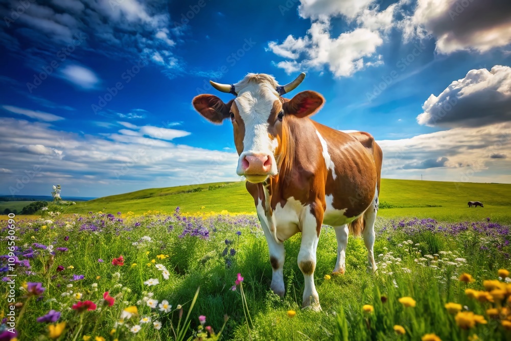 Captivating Drone Photography of a Cow in a Serene Field Surrounded by Lush Green Grass and Colorful Flowers, Perfect for Nature and Agriculture Themes Captivating Drone Photography of a Cow in a Serene Field Surrounded by Lush Green Grass and Colorful Flowers, Perfect for Nature and Agriculture Themes