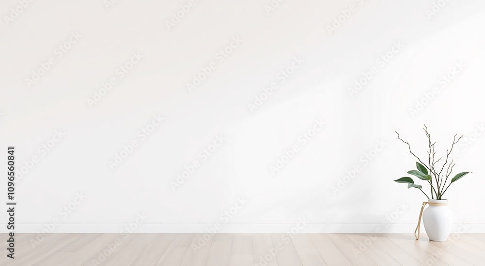 Minimalist interior with white wall, wooden floor, and a plant in a white vase. Minimalist interior with white wall, wooden floor, and a plant in a white vase.