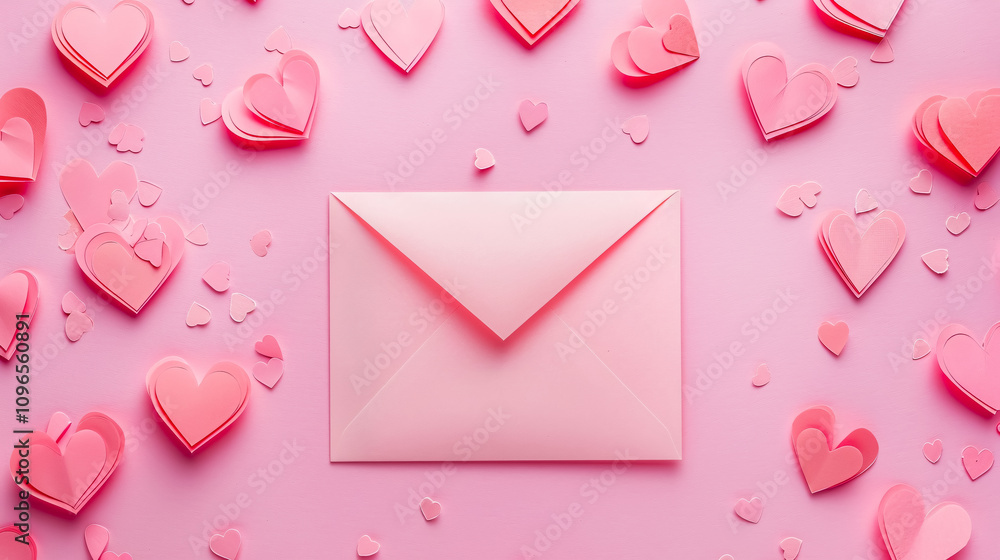 A pink envelope and blank card surrounded by paper pink hearts on a matching pink background. Perfect for a Valentine's Day card with copy space. A pink envelope and blank card surrounded by paper pink hearts on a matching pink background. Perfect for a Valentine's Day card with copy space.