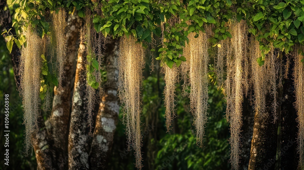 Clusters of hanging vines sway gently in the Amazon rainforest, creating a natural tapestry against the backdrop of towering trees. Clusters of hanging vines sway gently in the Amazon rainforest, creating a natural tapestry against the backdrop of towering trees.