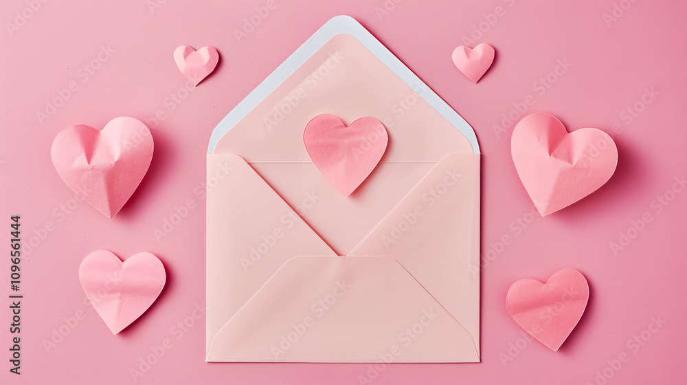 A pink envelope and blank card surrounded by paper pink hearts on a matching pink background. Perfect for a Valentine's Day card with copy space.