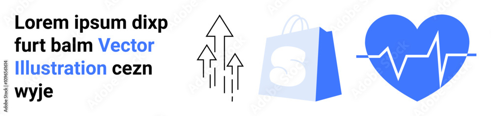 Features a shopping bag, upward arrows, and a heart with an EKG line. Ideal for e-commerce, healthcare, growth, fitness, and business. Landing page Features a shopping bag, upward arrows, and a heart with an EKG line. Ideal for e-commerce, healthcare, growth, fitness, and business. Landing page