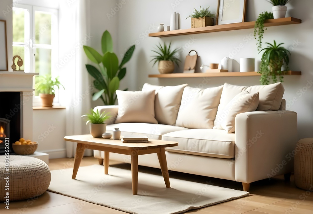 A cozy living room with a beige sofa, wooden coffee table, and shelves displaying plants and decor items in daylight featuring a warm rug and a fireplace A cozy living room with a beige sofa, wooden coffee table, and shelves displaying plants and decor items in daylight featuring a warm rug and a fireplace