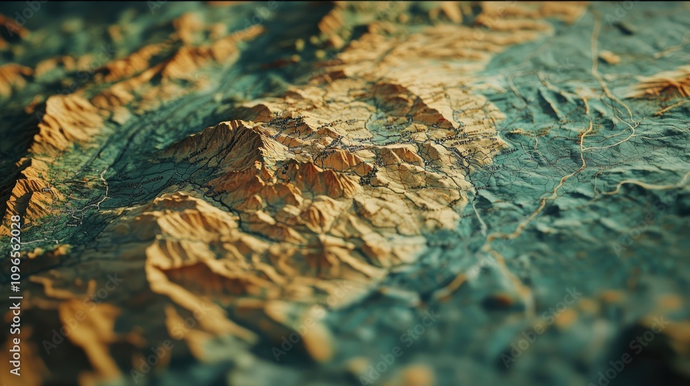Close-up view of a detailed 3D topographic map, showcasing a mountainous region in warm, earthy tones and cool teal accents. The texture and depth create a sense of adventure and exploration. Close-up view of a detailed 3D topographic map, showcasing a mountainous region in warm, earthy tones and cool teal accents. The texture and depth create a sense of adventure and exploration.