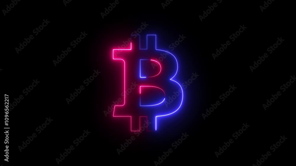 Neon, Glowing, Colorful Bitcoin icon animation. neon bitcoin lights on black background. Global finance bitcoin icon 4k video footage.