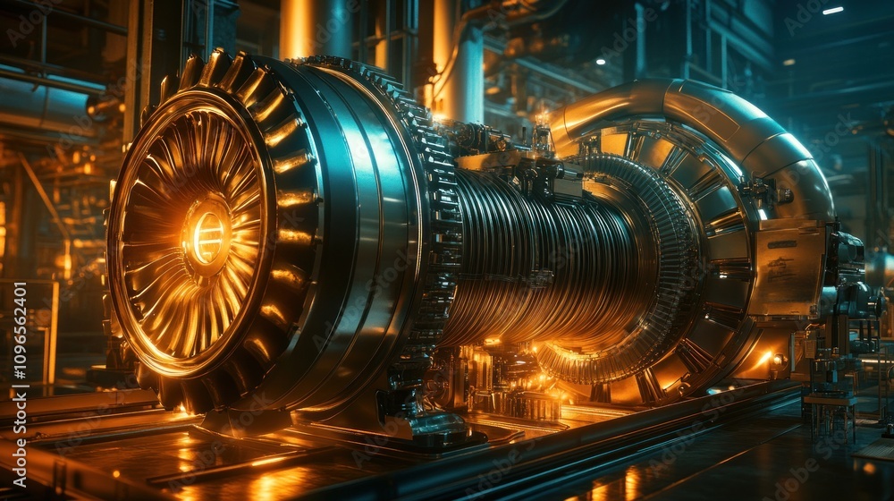 Close-up of a powerful industrial gas turbine engine in a factory setting, illuminated with warm and cool lighting. Close-up of a powerful industrial gas turbine engine in a factory setting, illuminated with warm and cool lighting.