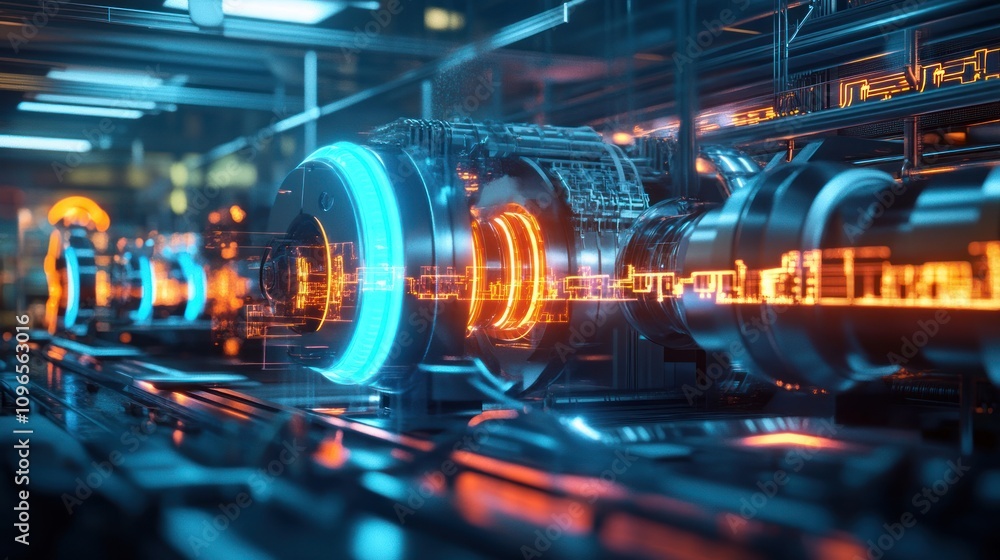 Futuristic glowing engine in a high-tech factory. Futuristic glowing engine in a high-tech factory.