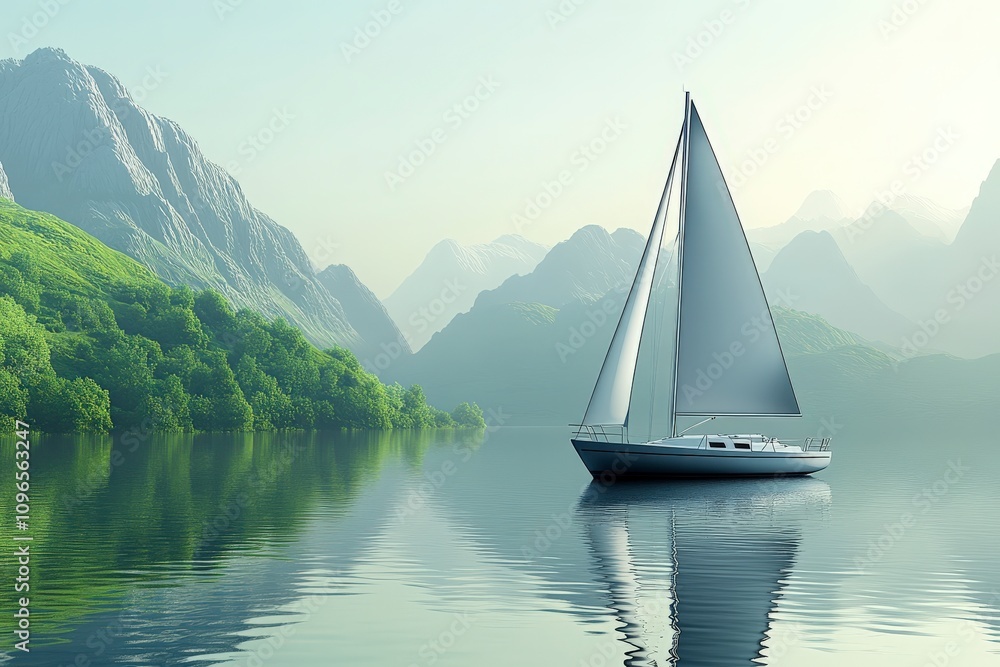 Naklejka premium Serene Mountain Lake with Sailing Boat