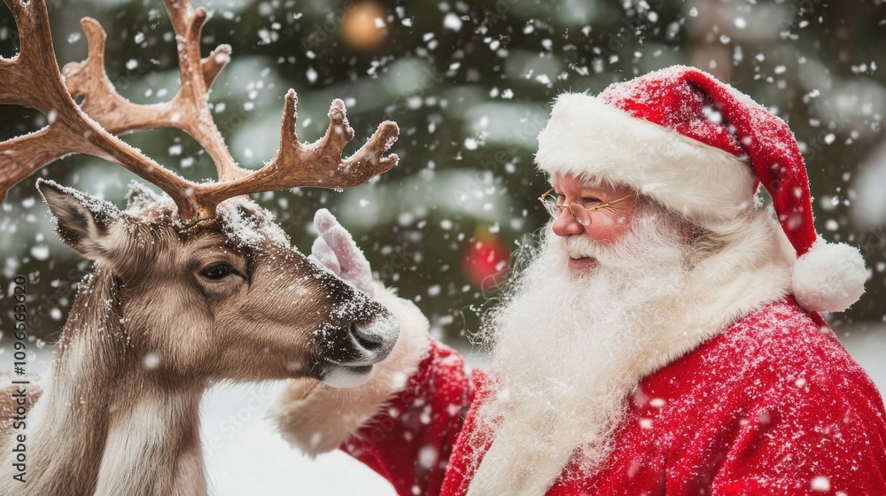 Santa Claus and Reindeer in a Winter Wonderland Scene Santa Claus and Reindeer in a Winter Wonderland Scene