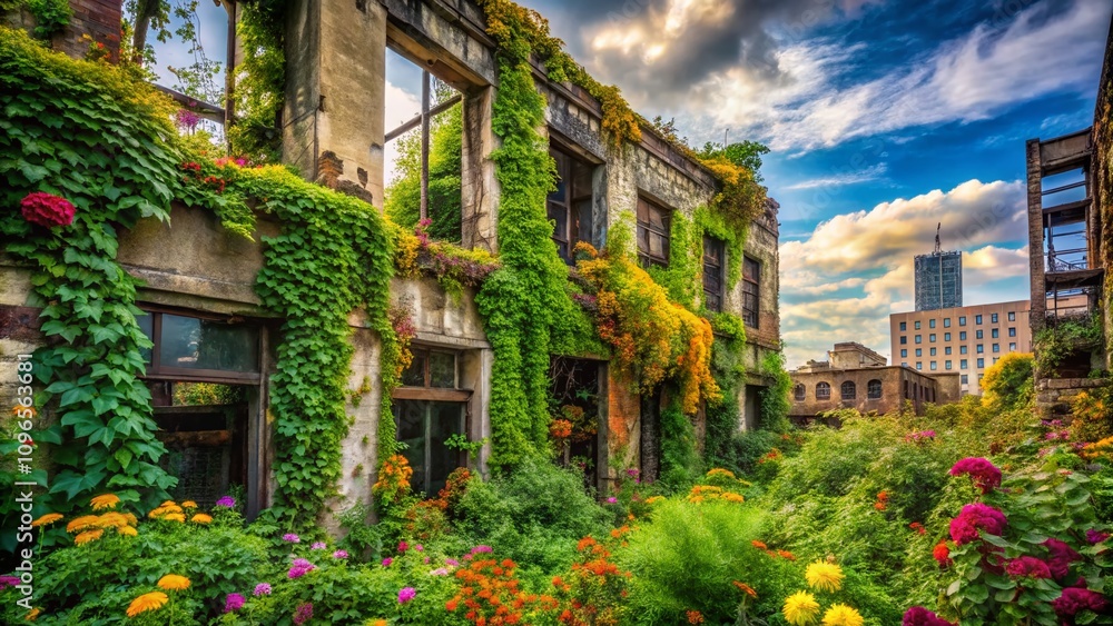Fototapeta premium Captivating Image of a Decaying Urban Structure Embraced by Lush Natural Growth in an Overgrown Cityscape Capturing the Beauty of Nature's Reclamation of Urban Spaces