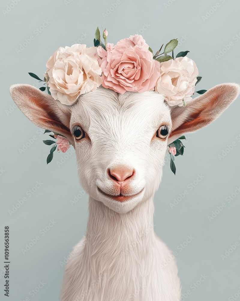 A charming goat adorned with a floral crown, featuring pastel roses, against a soft blue background, exuding a playful and whimsical vibe. A charming goat adorned with a floral crown, featuring pastel roses, against a soft blue background, exuding a playful and whimsical vibe.