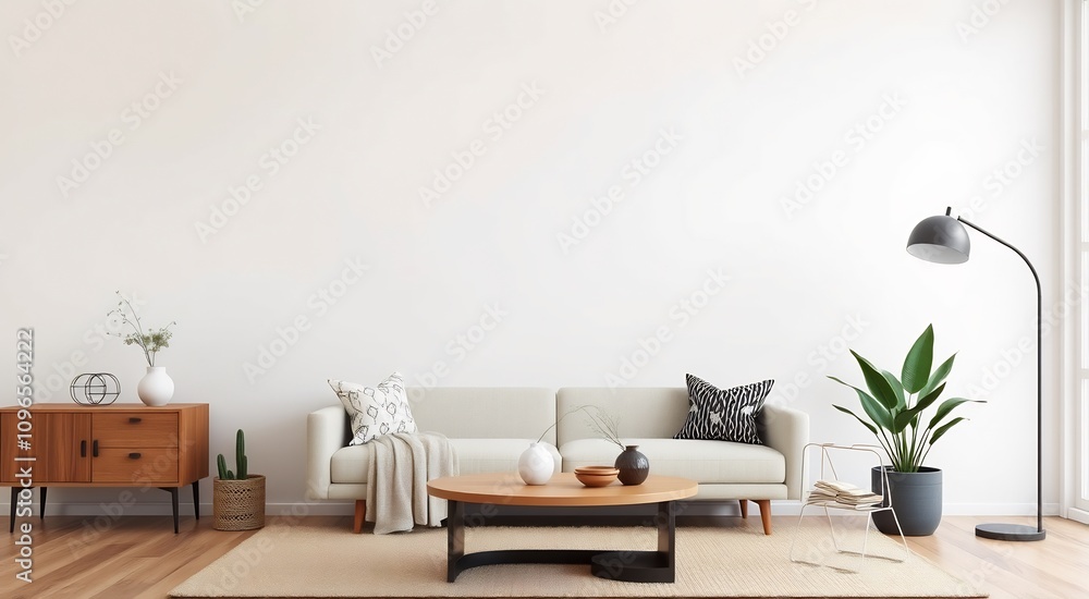 Modern living room interior with a white sofa, wooden coffee table, and floor lamp. Modern living room interior with a white sofa, wooden coffee table, and floor lamp.
