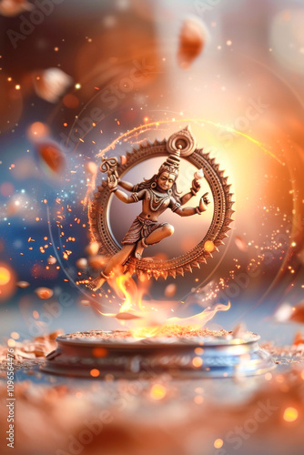 Lord Shiva dancing the cosmic dance of destruction, with flames swirling around him and a ring of fire beneath his feet, galaxy at background photo