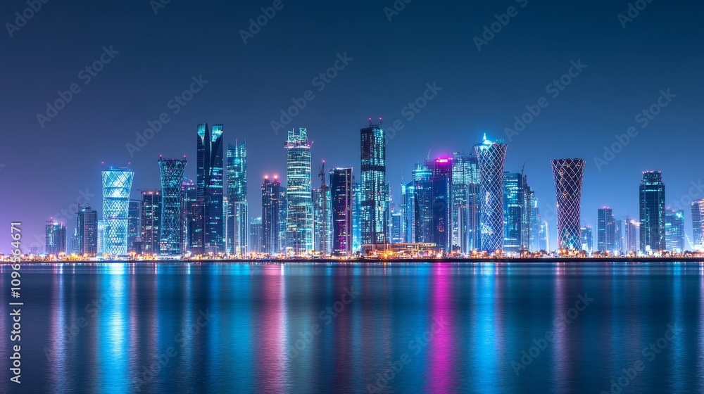 Fototapeta premium Nighttime City Skyline with Bright Lights Reflecting on Water