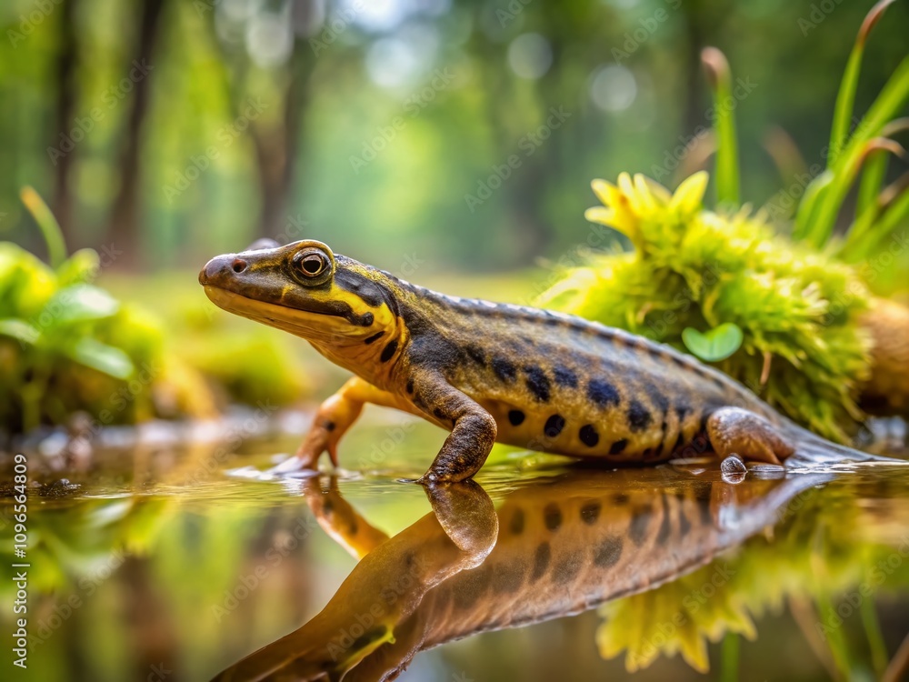 Fototapeta premium Captivating Landscape Photography of a Smooth Newt Lissotriton vulgaris Resting on the Muddy Bottom of a Stream, Showcasing the Beauty of Amphibians in Their Natural Habitat